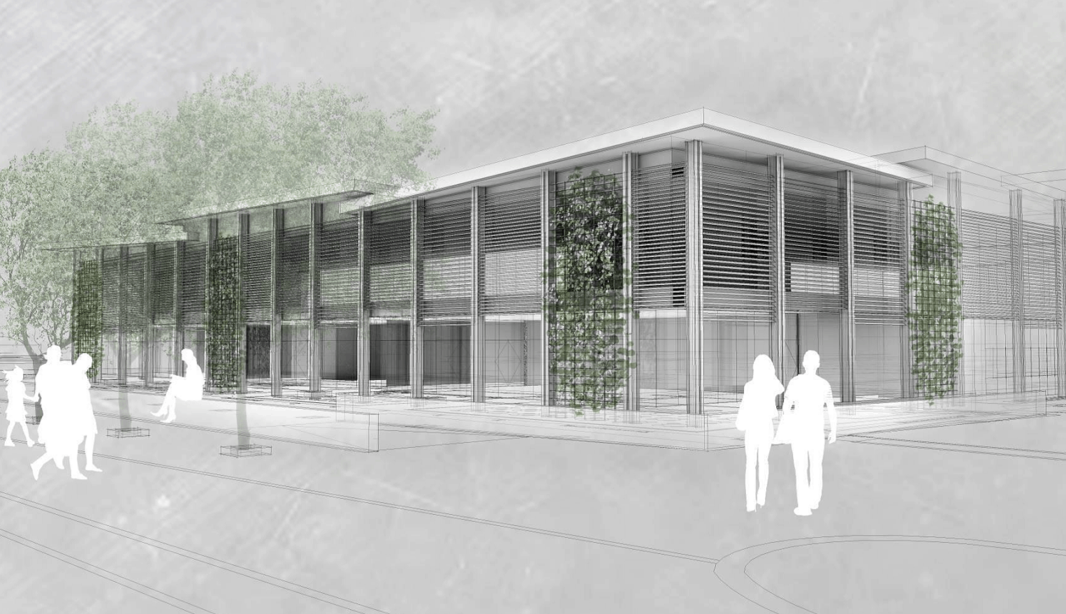 הדמיה אדריכלית בשחור-לבן של מבנה מודרני ושקוף המתוכנן באקספו תל אביב, המשלב צמחייה מטפסת על הקירות ודמויות אנשים בחזית. תכנון: הוק אדריכלים.