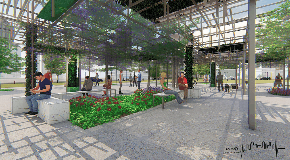 הדמיה של שדרת נוי מעוצבת ושטח תצוגה פתוח בין הביתנים באקספו תל אביב. עיצוב: סטודיו זיו.